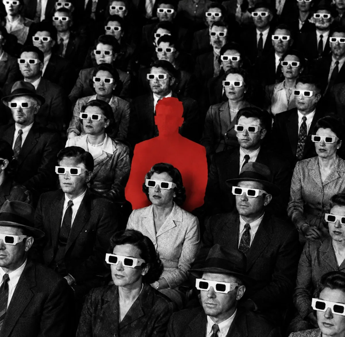 A cinema crowd in identical 3D glasses, one figure picked out in red